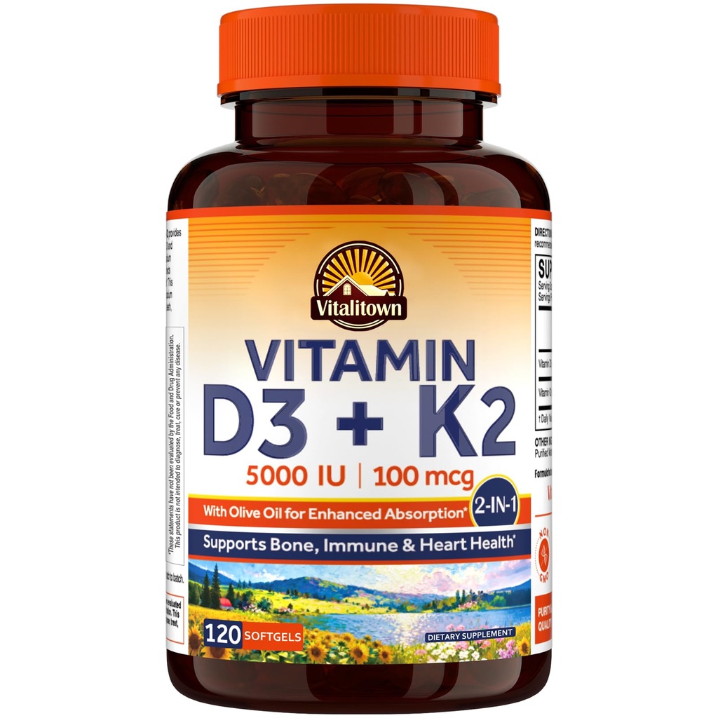 Vitalitown vitamin D3 K2 Supplement, D3 5000 IU, vitamin K2 MK-7 100 mcg, ikke-GMO, Ingen Gluten og soya, for bein, tenner, immun og hjerte helse, 120 Softgels