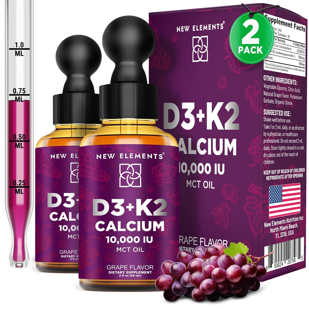 Nye elementer [2 Pack] Flytende vitamin D3 K2 dråper med kalsium for voksne | Vitamin D3 10.000 IE | D3 K2 med kalsium for bein helse og immunitetsstøtte | Felles helsetilskudd | Ikke-GMO | Vegan