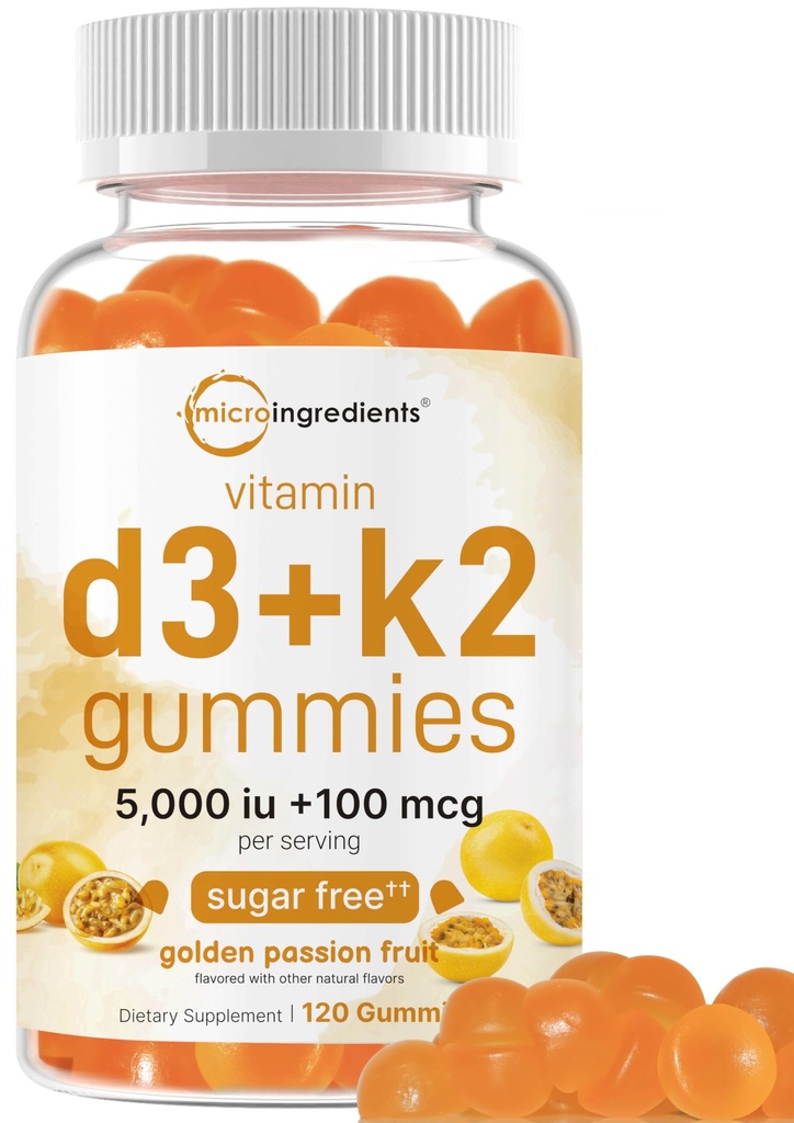 Mikroingredienser vitamin D3 K2 Gummies, 120 greve | 5000 IU Vitamin D + 100mg K2 MK-7 | Bein, immun- og hjertehelse kosttilskudd* | Sukkerfri gylden Passion Frukt Flavor | Ikke-GMO, Glutenfri