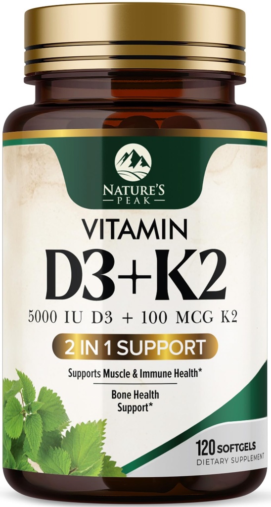 D3 K2 Vitamin - vitamin D3 5000 IU Per Softgel - høy styrke vitamin D3 Supplement - 2-i-1 kompleks vitamin D & vitamin K2 (MK7) - lett å svelge, bein og immunstøtte - flaske USA - 120 Softgels