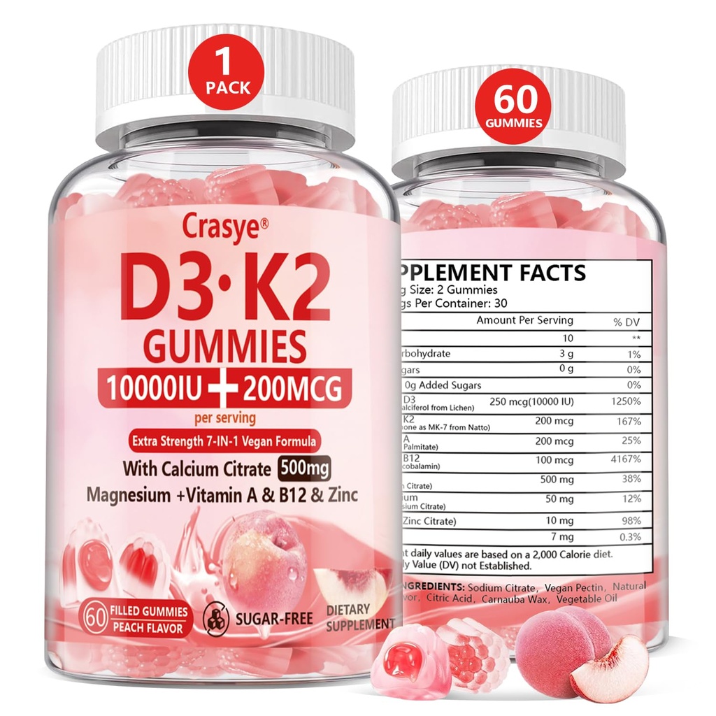 Vitamin D3 K2 Gummies 10000 IE med 500 mg Kalsium Magnesium Sink Sugar Gratis ADK+Vitamin B12 Kosttilskudd for kvinner og menn Bones, Muskler, Tenth Peach Flavor - 60 Gummies - 30 Serveringer
