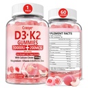 Vitamin D3 K2 Gummies 10000 IE med 500 mg Kalsium Magnesium Sink Sugar Gratis ADK+Vitamin B12 Kosttilskudd for kvinner og menn Bones, Muskler, Tenth Peach Flavor - 60 Gummies - 30 Serveringer