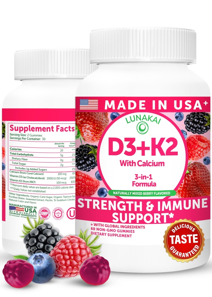 Lunakai USA laget vitamin D3 K2 Gummies med kalsium - 3-i-1 daglig Vegansk Supplement for bein og immun støtte for kvinner, menn og barn, 60ct