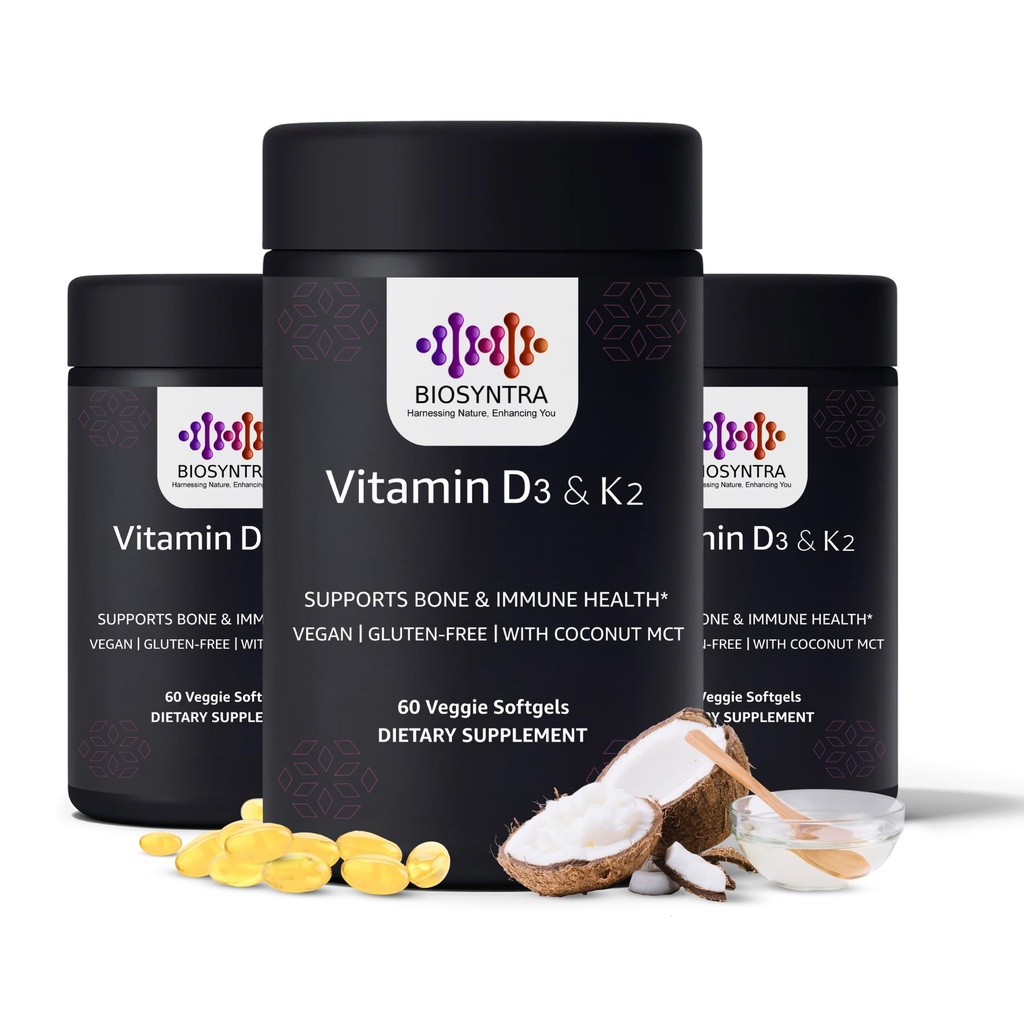 Vitamin D3 + K2 med kokosolje - Vegansk vitamin D 5000 IU & MK7 Vitamin K 110mcg for bein, hjerte og immunstøtte, ikke-GMO, tredjepart testet, soya gratis, høy absorpsjon 60 Veggie Softgels