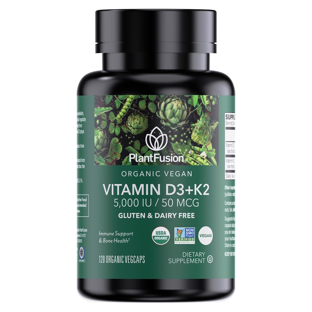 PlantFusion Økologisk Vegansk Vitamin D3 + K2 5000 IU, 50MCG – Vitamin D Opprinnelig fra Plant Basert Lichen og vitamin K2, for immunstøtte og bein helse - 120 Kapsler