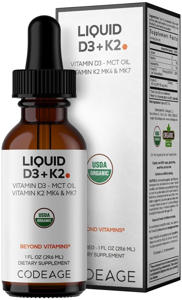 Codeage flytende D3 + K2 vitaminer USDA organisk - vitamin D3 2000 IU, vitamin K2 (MK4 & MK7) flytende dråper - Immunstøtte - Uovertruffen - organisk MCT Olje - ikke-GMO - 1 fl oz