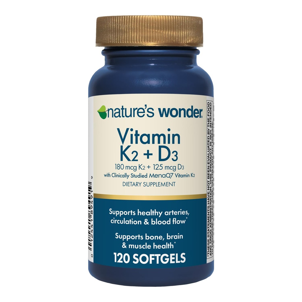 Naturens Wonder Vitamin K2 + D3 med MenaQ7 for kardiovaskulær, hjerne, bein og muskel helse, 120 Softgels, 120 dagers forsyning