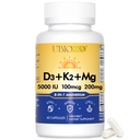 UBIOSKA vitamin D3 K2 Magnesium Supplement – 5000 IU D3 + MK-7 K2 med 8-Form Magnesium (Glycinat, Taurate, Malate) for rolig søvn, stress relief, Mood Balance & Sterke Bein – 60 Kapsler