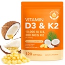 Vitamin D3 K2, D3 K2 Vitamin 10000 iu Supplement med kokosolje Softgels, 2 i 1 Formula 200 mhg (MK-7) Komplekse Softgels støtter kalsiumabsorpsjon, immun, Bone Helse D3 K2 Vitamin - 120 Softgels