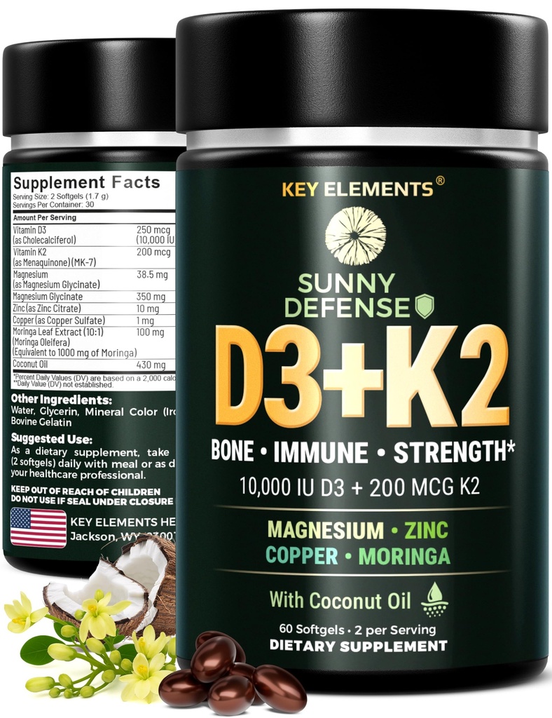 KEY ELEMENTS D3 K2 Vitamin 10.000 IE med magnesiumglycinat 350 mg, sink og moringa - Bein- og immunstøtte - vitamin D med K2 MK-7 200mcg - Ikke-GMO, Glutenfri Softgels