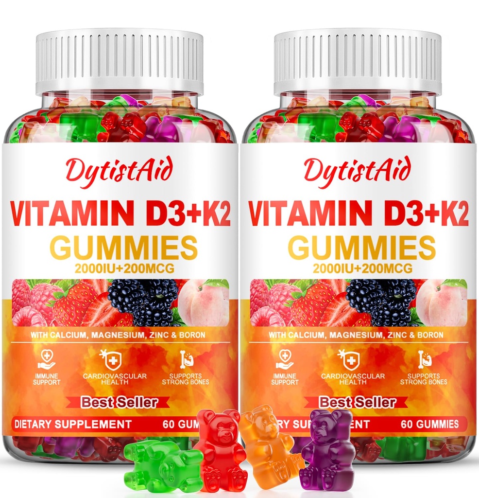 Vitamin D3 + K2 Gummier 2000 IU med kalsium + K2 (MK-7), magnesiumcitrat, vitamin C, sink & bor – bein, hjerte og immunstøtte – vegansk, ikke-GMO, gelatinfri, sukkerfri kosttilskudd, 120 gummier