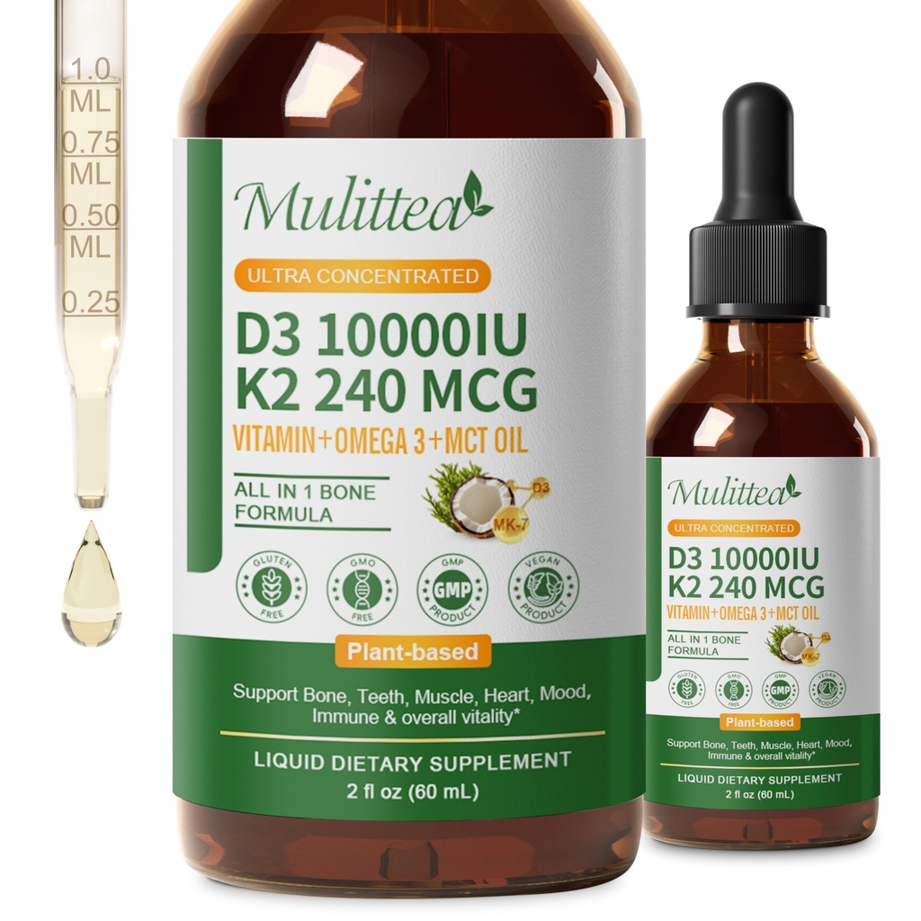 2 Pack organisk vitamin D3 K2 flytende 10000 IU w/ Vegan Omega-3 & kokos MCT olje - maksimal styrke vitamin D Supplement, ingen fyllstoffer, ikke-GMO K2 som MK7 for bein, muskler og høy absorpsjon-2 Fl Oz