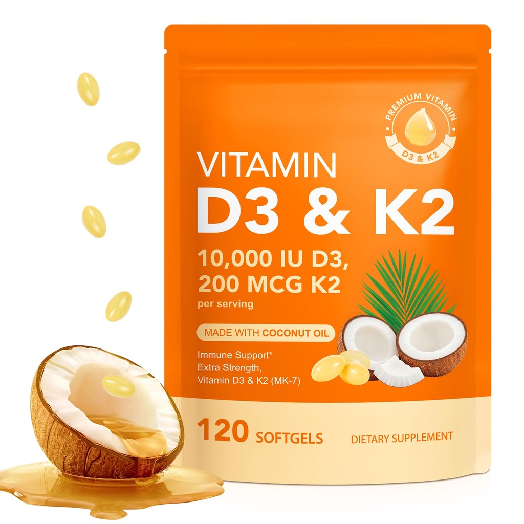 Vitamin D3 K20000 IU med 200 mg, vitamin D3 og K2 Kapsler, 2 i 1 Vitaminer D & K Kompleks med Jomfru kokosolje, 120 Softgels, lett å svelge og ikke-GMO