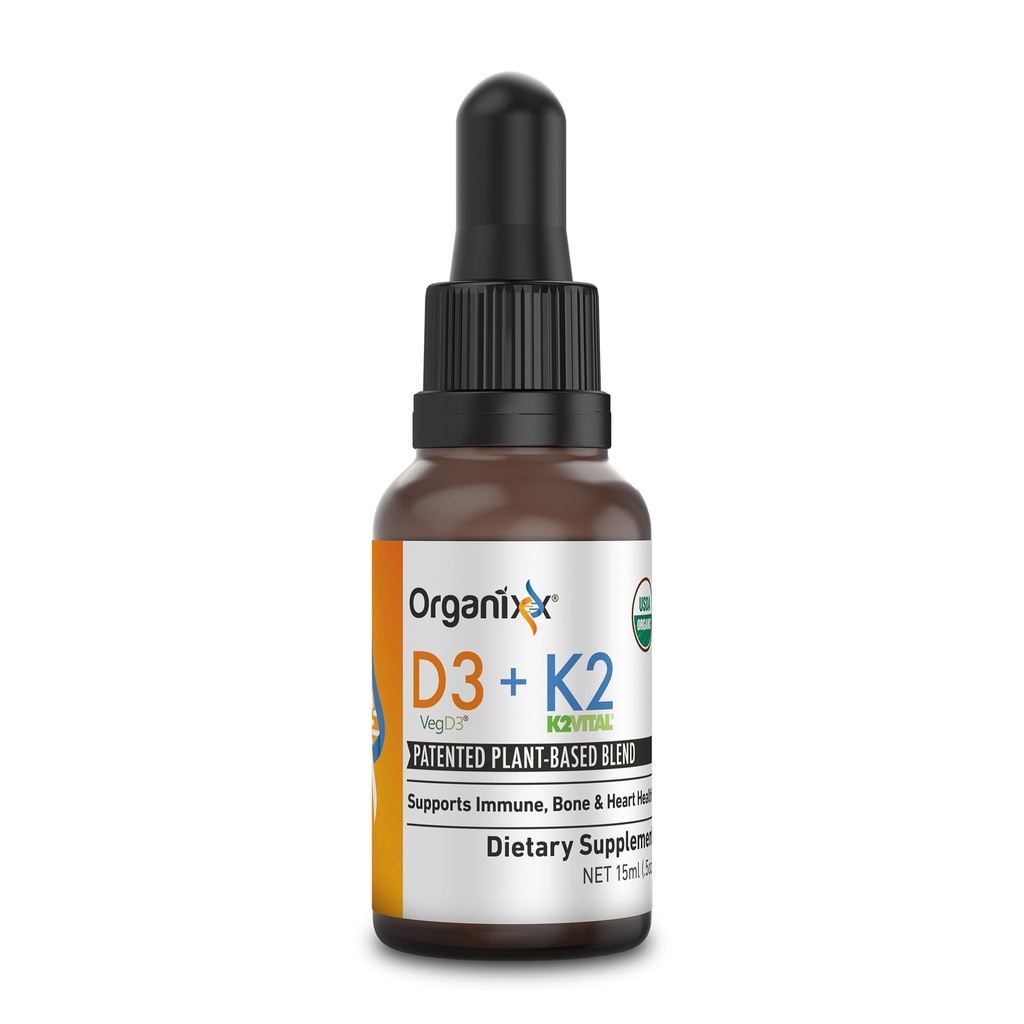 Organixx D3 K2 Supplement, støtter bein og immunhelse, Biotilgjengelig og lett absorpsjon formel med MCT olje, for generell velvære, ren næringsstoff blanding, ikke GMO, 15 ML, 30 Services