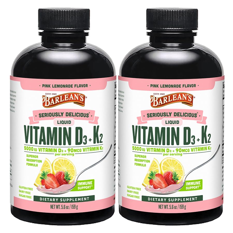 Barleans pakke med 2 vitamin D3+K2 flytende kosttilskudd for barn og voksne, 5000 IE vitamin D, rosa sitronade, ikke-GMO, Gluten og Dairy Free, 5,6 oz Hver