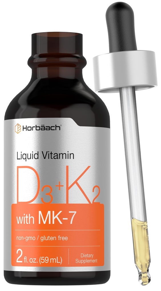 Horbäach Vitamin D3 K2 flytende | med MK7 | 2 Fl Oz | Vegetarisk, ikke-GMO, Glutenfri Supplement