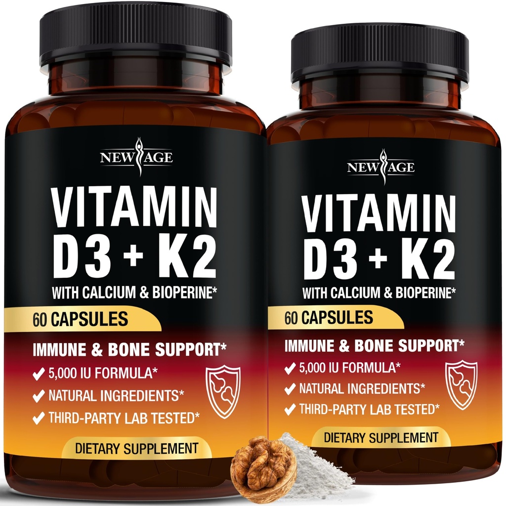 NEW AGE Vitamin D3 5000 IU + K2 MK-7 100 mg - 2-i-1 Bein, immun- og hjertestøtte, lett å svelge, ikke-GMO - 120 kapsler