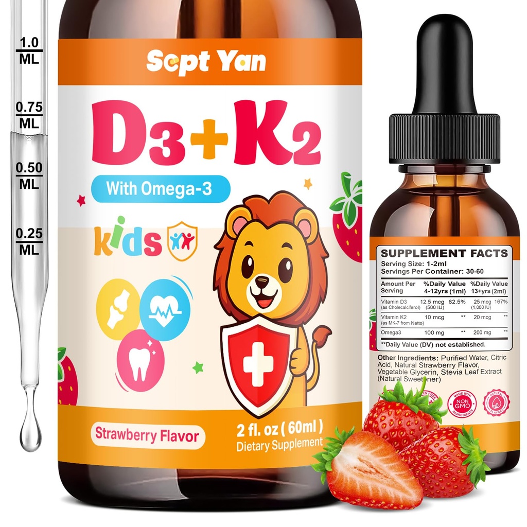 Kids vitamin D3 K2 Dråper - K2 D3 Vitamin Supplement 1000 IU med Omega 3, støtte bein, Mood, tann og immun - vitamin D3 K2 (MK-7) flytende dråper for voksne og barn, sukkerfri jordbær Flavor 2 FL OZ