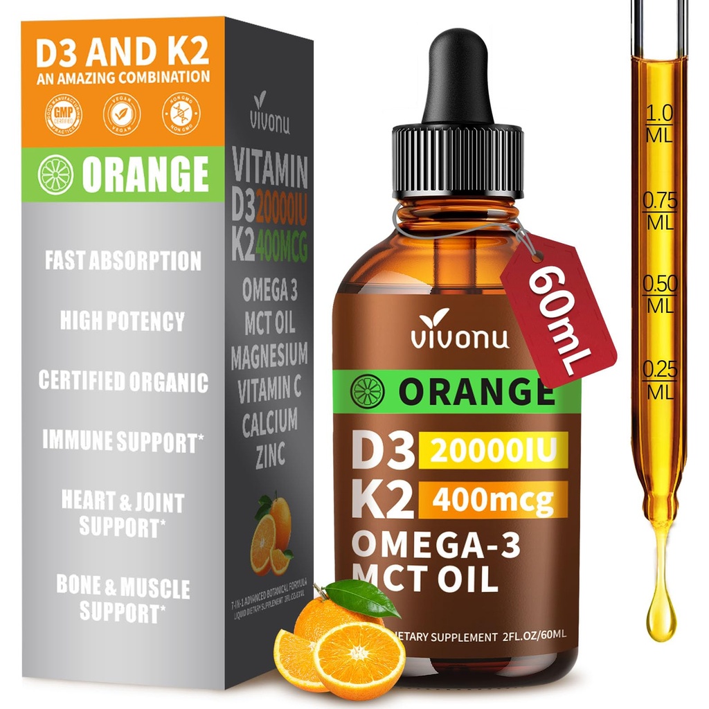 Vitamin D3 K2 Dråper, D3 20000 IU & K2 som MK-7 400mcg med magnesium, kalsium, sink og omega 3 for immun *, humør*, bein* helse, orange flavor vitamin D flytende dråper Supplement 1 flaske / 2 ovner