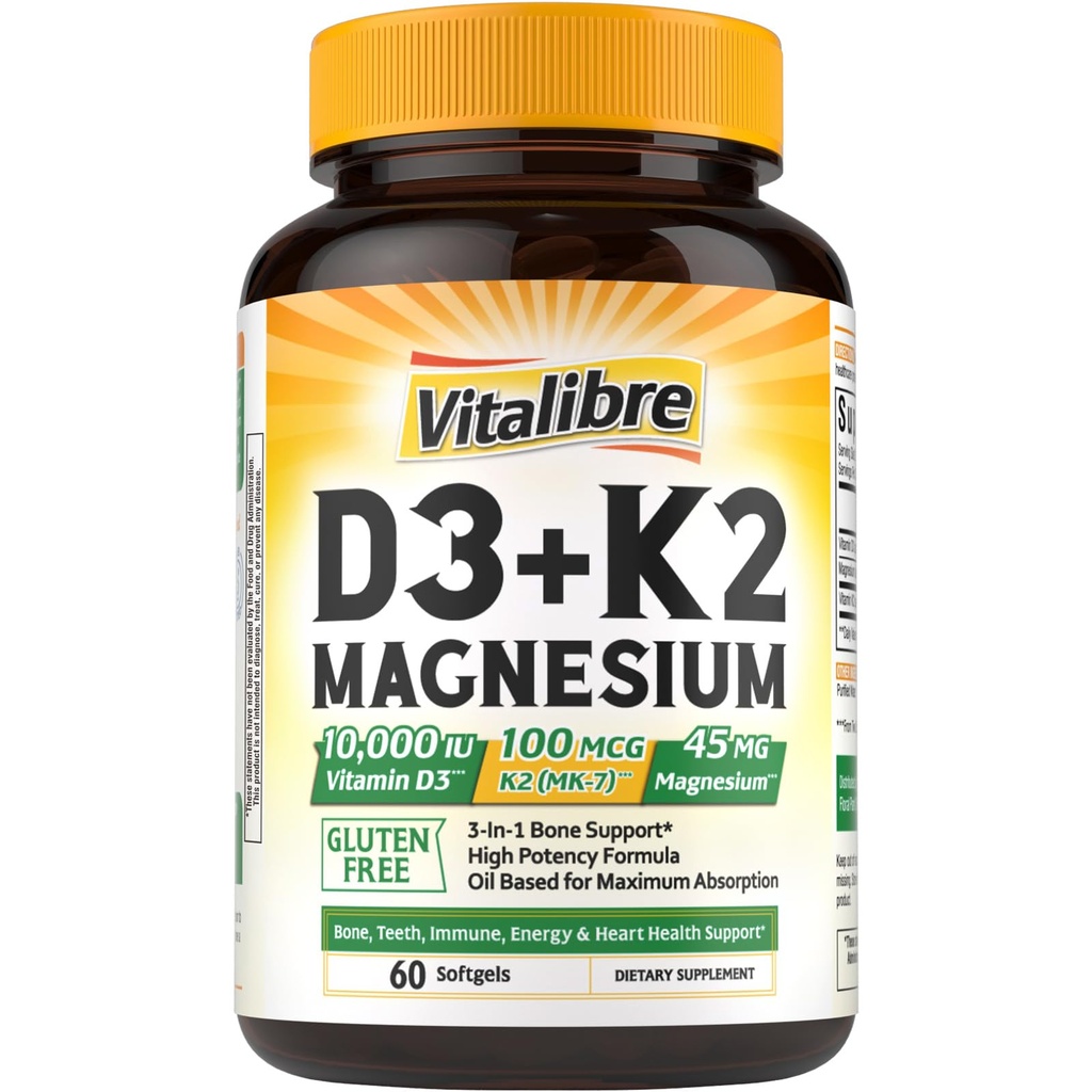 Vitamin D3 K2 + Magnesium Supplement, 10000 IU Vitamin D3 & 100mg K2, med magnesiumglykinat, Bein, tenner, immun- og energistøtte, høy absorpsjon, ikke-GMO, lett å svelge, 60 Softgels