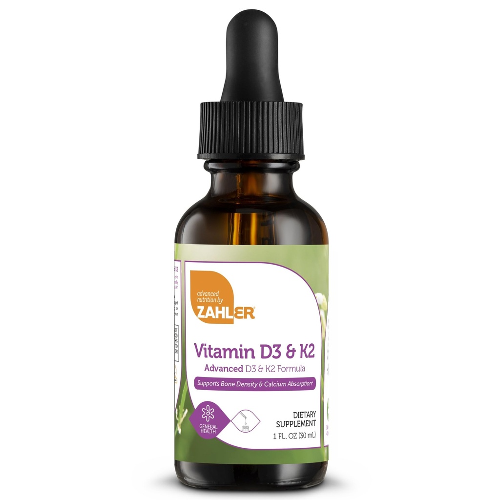 Zahler vitamin D3 K2 dråper, flytende D3 med K2, 1000 IU vitamin D og 1000mcg K2 per servering, støtter beintetthet og kalsiumabsoprsjon, 1Fl Oz.