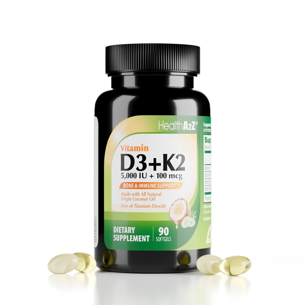 HealthA2Z® Vitamin D3 (5 000 IU) + K2 (MK-7) laget med virgin kokosolje (Naturlig MCT) - 90 Softgels (Pack of 1) - Hjelper kalsiumabsorpsjon for bein, tenner, Mood & Immune Health