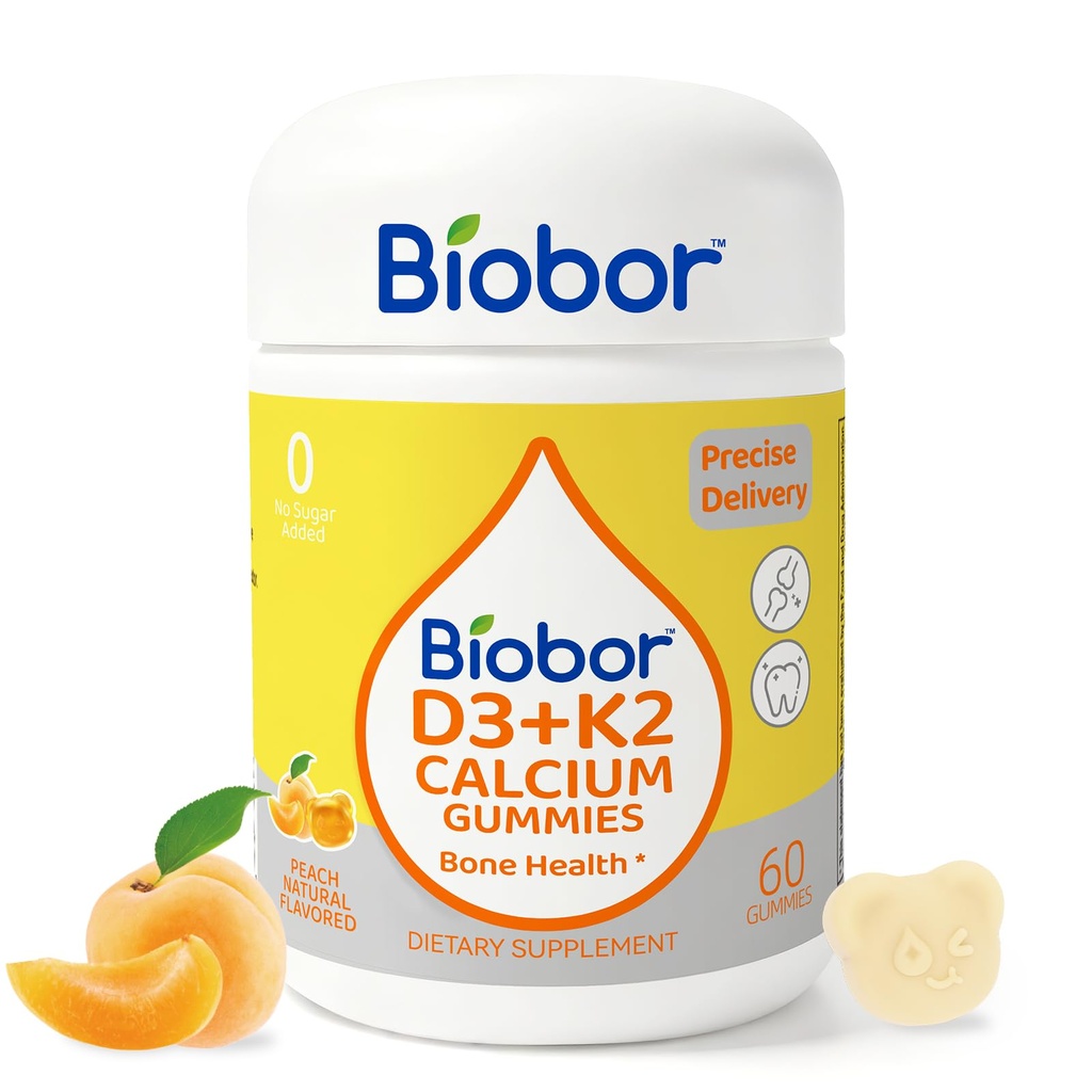 Biobor vitamin D3 K2 Gummies med kalsium, 2000 IU D3 & 200 mcg K2 (MK-7) og 200 mg kalsium, Ingen sukker tilsatt, støtter sunne bein og immun helse, Glutenfri, GMO fri, gul fersken, 60 count