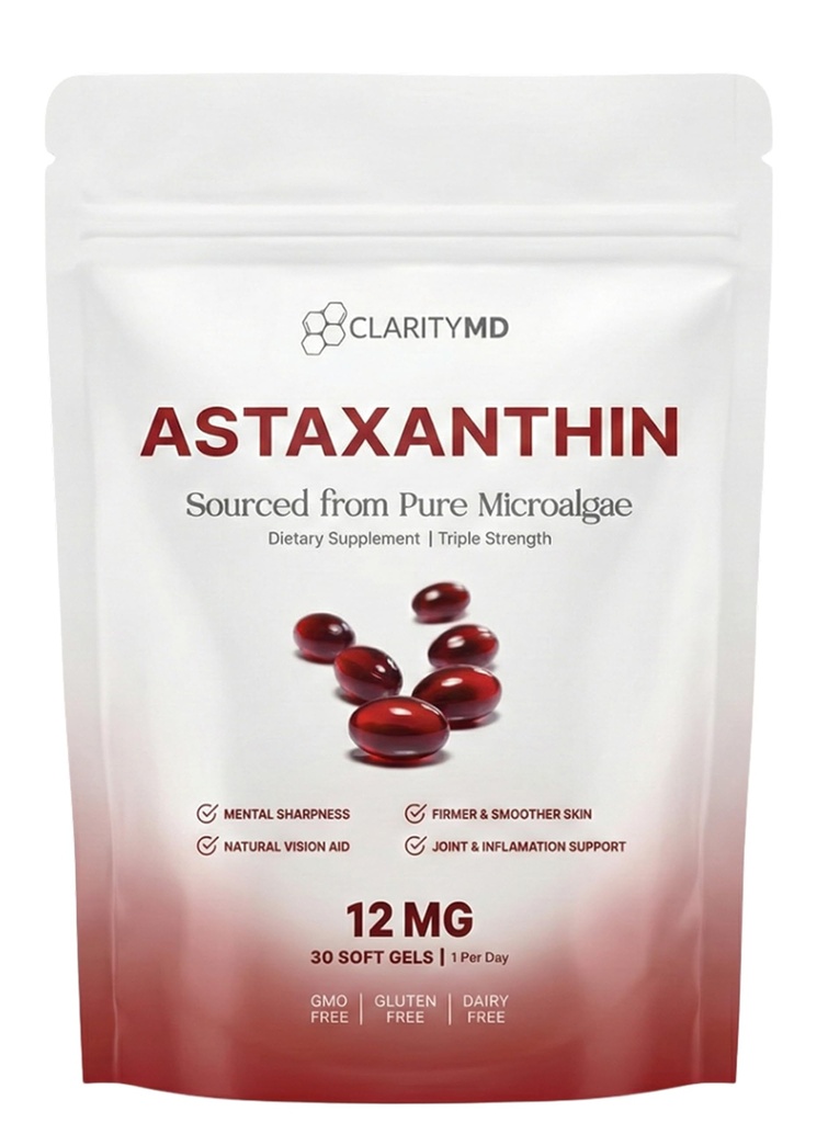 Astaxanthin 12 mg Antioksidanter Supplement – Naturlig mikroalgaekilde – Lipid-basert Softgel for forbedret absorpsjon – Kognitiv, Visjon & felles støtte – 30 Softgels (pakke med 1)