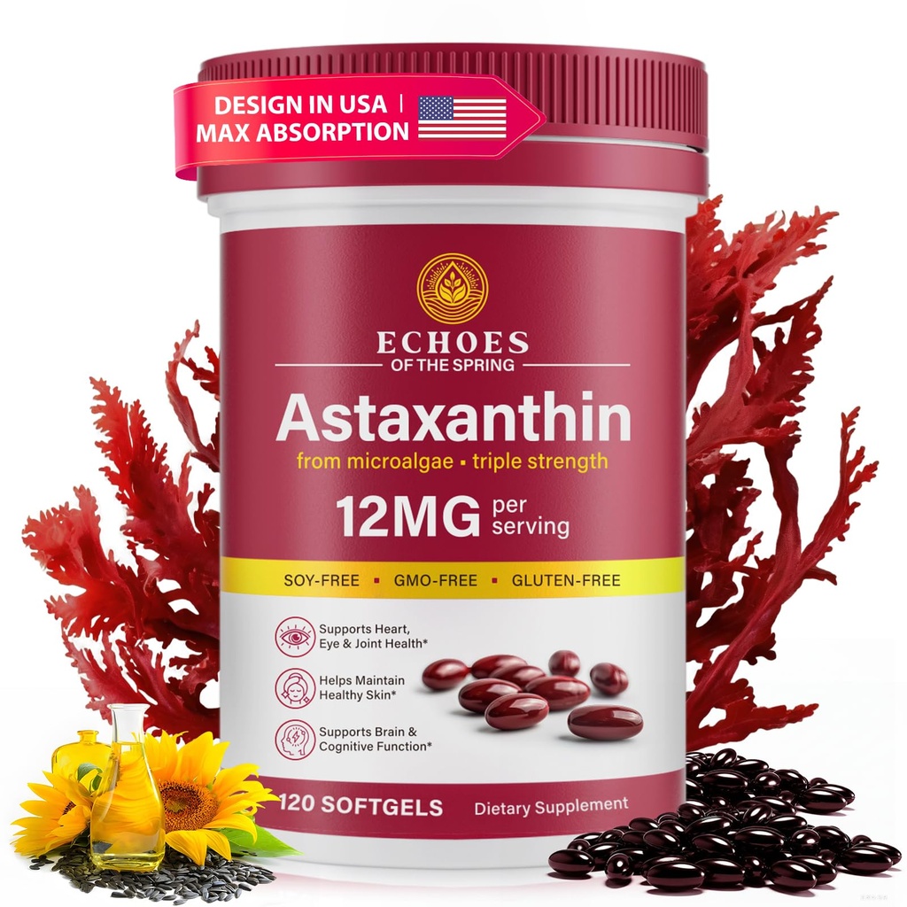 Astaxanthin 12 mg - Naturlig Astaxanthin fra Hematococcus Pluvialis, Triple Styrke Antioksidant Supplement for øye, hud, ledd og immun støtte (120 greve (Pack of 1))