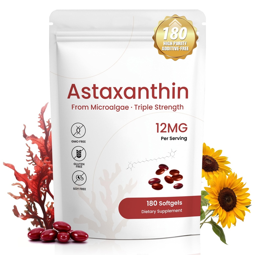 Astaxanthin Kosttilskudd 12 mg, 180 Softgels, 6 måneders forsyning | Naturlig antioksidant fra ferske mikroalgae | Flere støtter øye, hud, felles helse, ikke-GMO