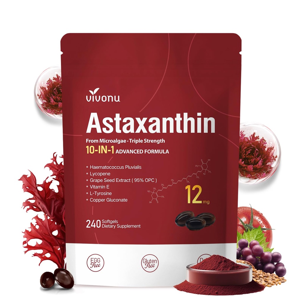10 i 1 Astaxanthin 12mg Supplements, 4 måneders forsyning, Astaxantina Antioksidant fra ferske Haematococcus Pluvialis, inneholder Lycopen, Grapefrø, vitamin E, og mer støttes øye, ledd, hud helse