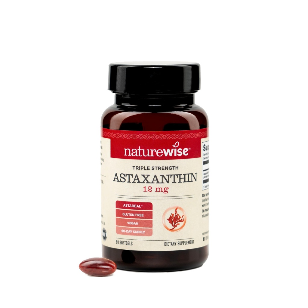 NatureWise Triple Styrke Astaxanthin 12mg med AstaReal® - Vegansk Antioksidant Supplement med økologisk kokosolje - NSF sertifisert Glutenfri, ikke-GMO - 60 Softgels[60 dagers forsyning]