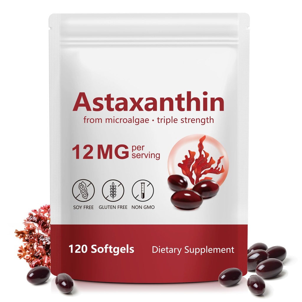 Tiuedu Astaxanthin 12 mg, 120 Softgels, 4 måneders forsyning, Astaxanthin Antioksidant Supplements, Støtter Øye, Felles, Intern sirkulasjon, Hud Helse
