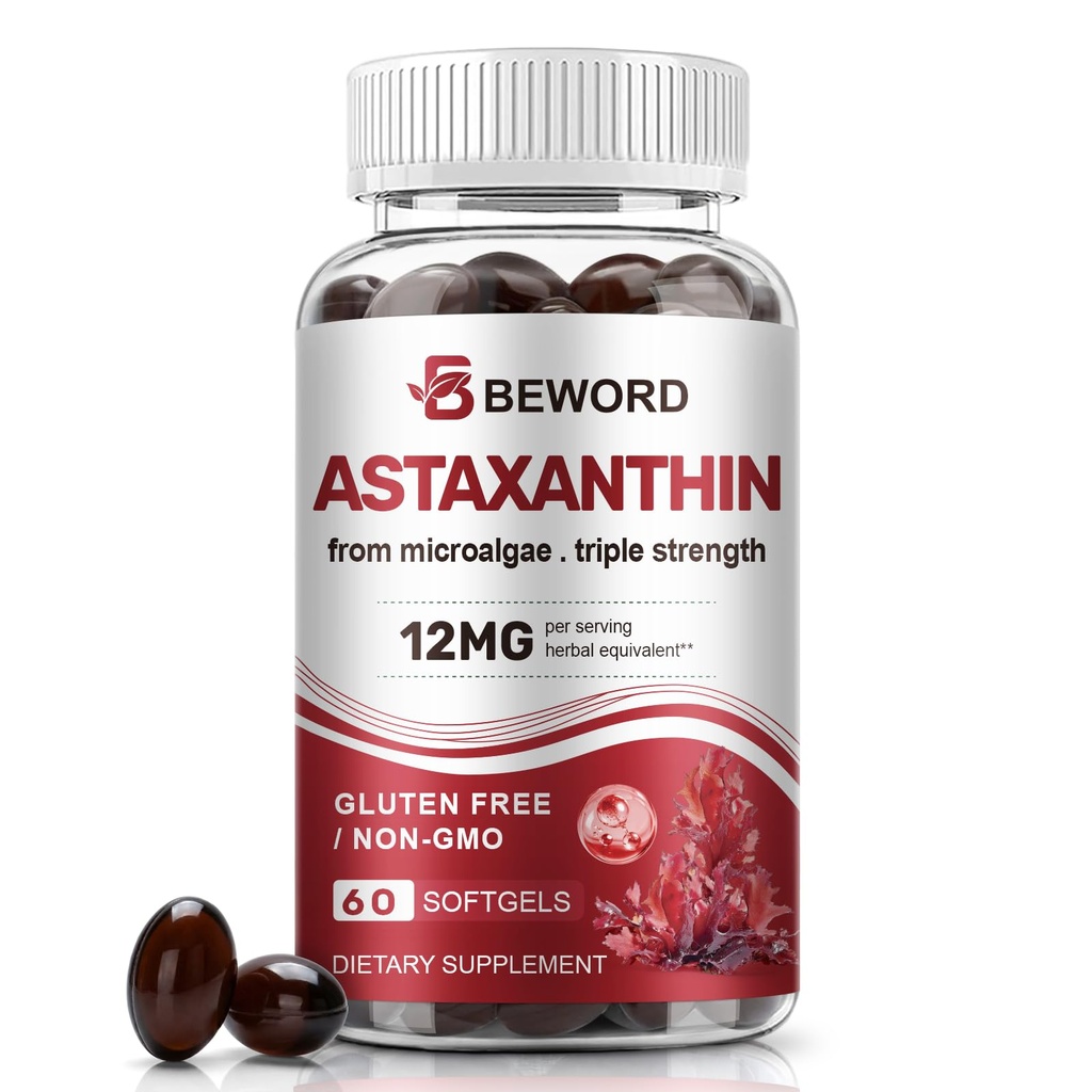 BEWORD Astaxanthin 12mg med MCT Olje, 60/120 Softgels 2-måneders Supply | Premium Antioksidant Supplements | Naturlig mikroalgae, trippel styrke | Støtter hud og øye helse | Ikke-GMO, Gluten & soya-fri