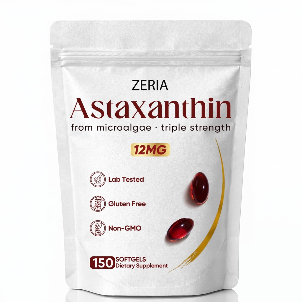 Zeria Astaxanthin 12 mg, naturlig mikroalgae Antioksidant kosttilskudd, hjelper beskytte celler fra oksidativ stress, hudfasthet og elastisitet, fremmer sunn hud og øyne, 150 Softgels