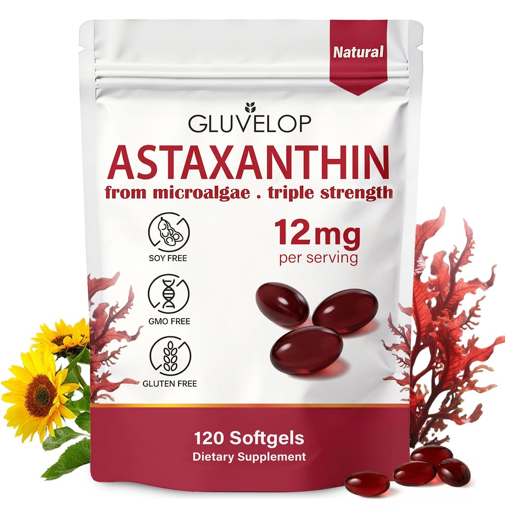 Astaxanthin 12 mg, Premium Astaxanthin Antioksidant kosttilskudd, støtter øyet, hud, immun, intern sirkulasjon, fersk mikroalgae kilde, trippel styrke, ikke-GMO, 4 måneders forsyning, 120 Softgels