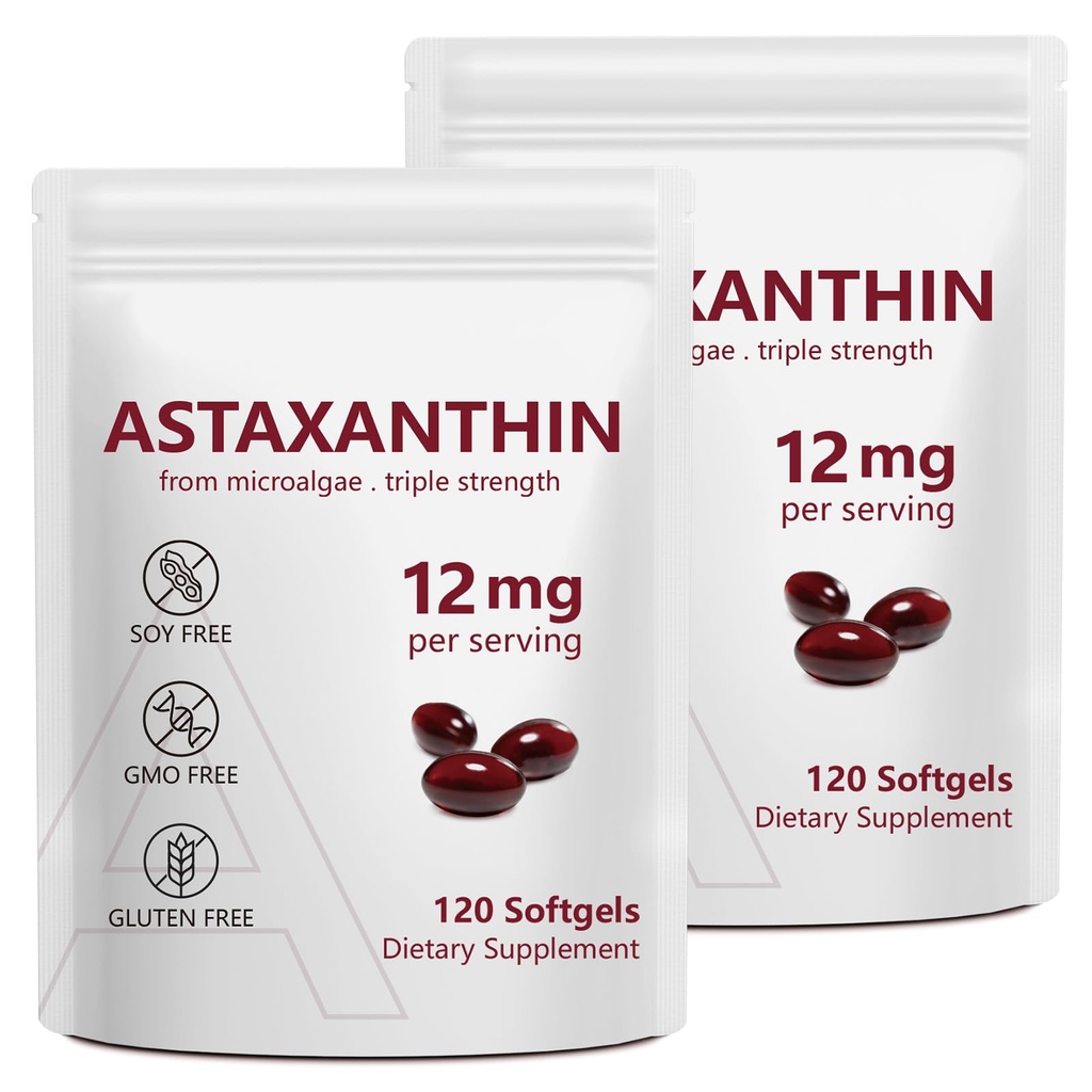 2 Pack Astaxanthin 12 mg, Premium Astaxanthin Antioksidant kosttilskudd med antioksidant aktivitet, støtter øye, immun, hud helse, intern sirkulasjon