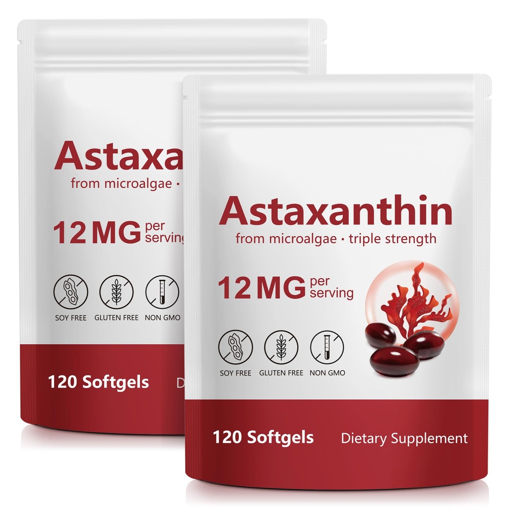 ITSDAWN Astaxanthin 12mg 2 Pack, Antioksidant Supplement for Øye, Hudstøtte, Naturlig Mikroalgae Kilde, 240 Softgels