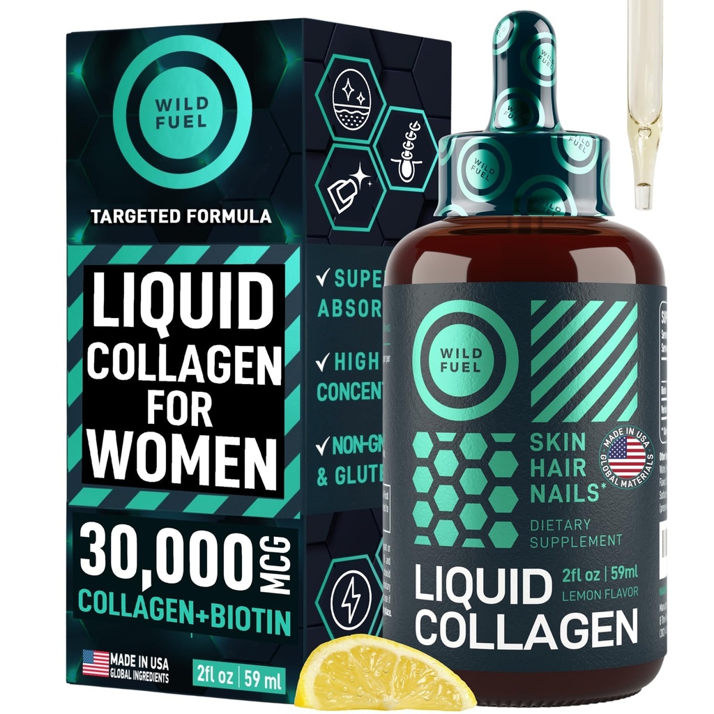 WILD FUEL flytende kollagenpeptider med Biotin vitaminer for hår og negler - 30.000mcg flytende kollagen for kvinner og menn Plus Biotin - Lemon Flavor, opp til 2 måneder - 2 oz