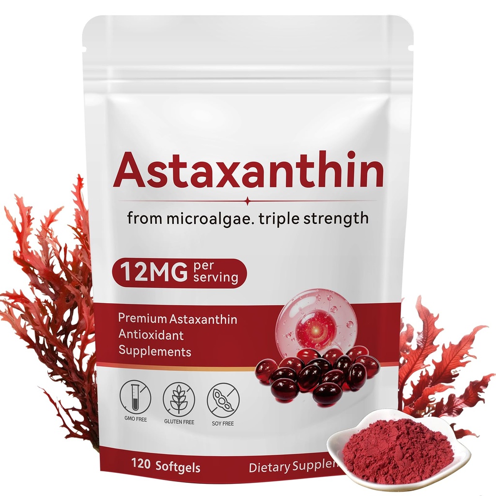 Astaxanthin 12mg, 120 Softgels, Premium Astaxanthin Antioksidant kosttilskudd med antioksidant aktivitet, støtter øye, hud helse, immunforsvar, intern sirkulasjon