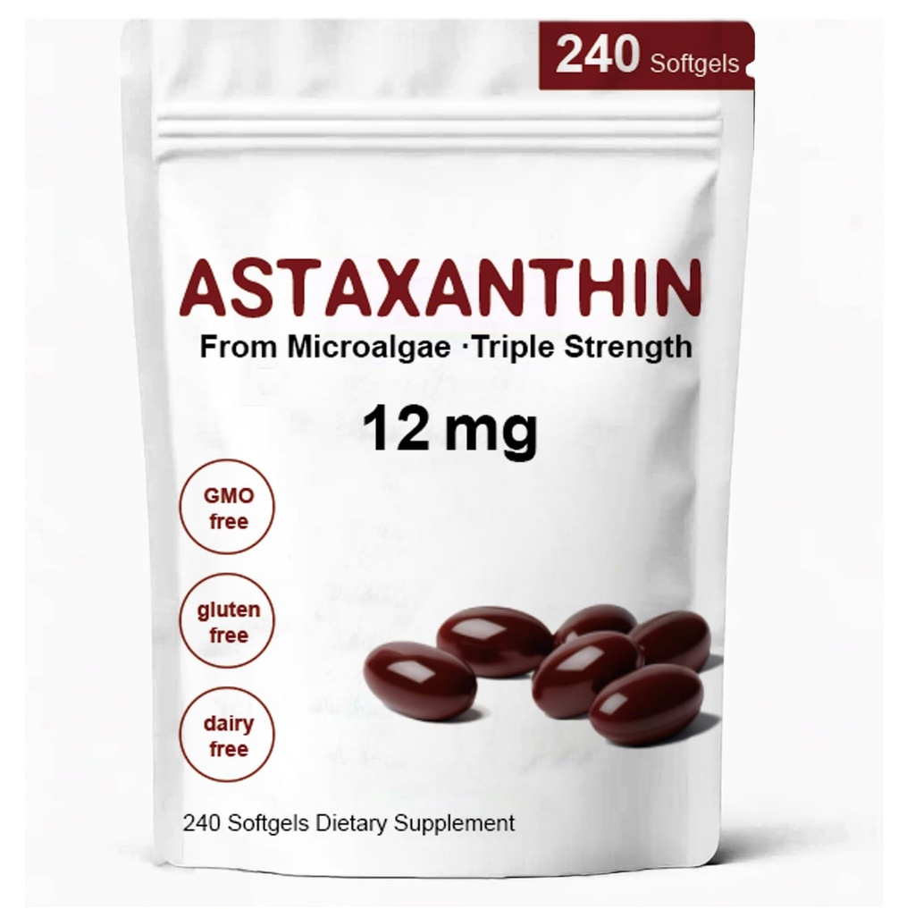 Astaxanthin 12 mg, Premium Astaxanthin Antioksidant kosttilskudd med antioksidant aktivitet, støtter øye, immun, hud helse, intern sirkulasjon-240 Softgels