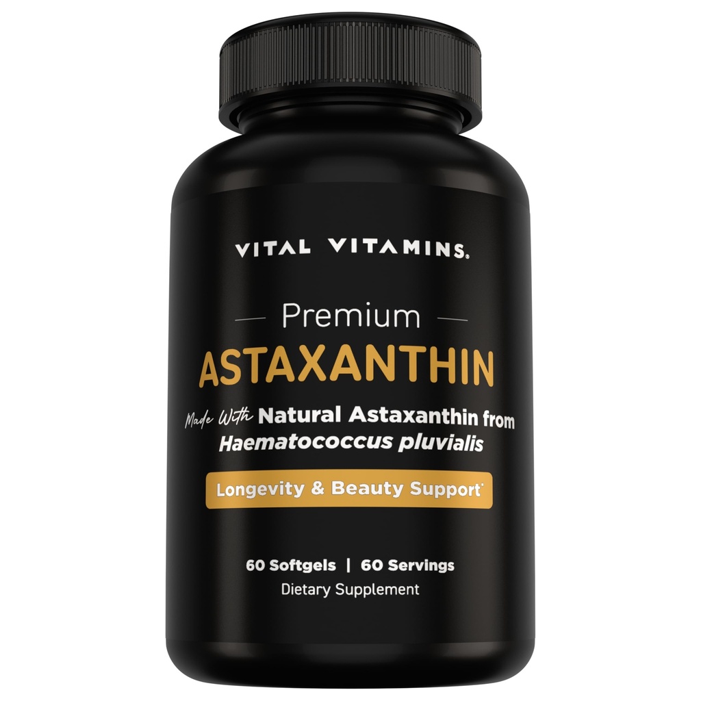 Vitale vitaminer Astaxanthin 12mg Softgels - laget med naturlig astaxanthin - Supplement for å fremme hudhydrasjon, elastikk - Forsvarsceller mot daglig skade - Vegan, laget i USA - 60 Soft Gels