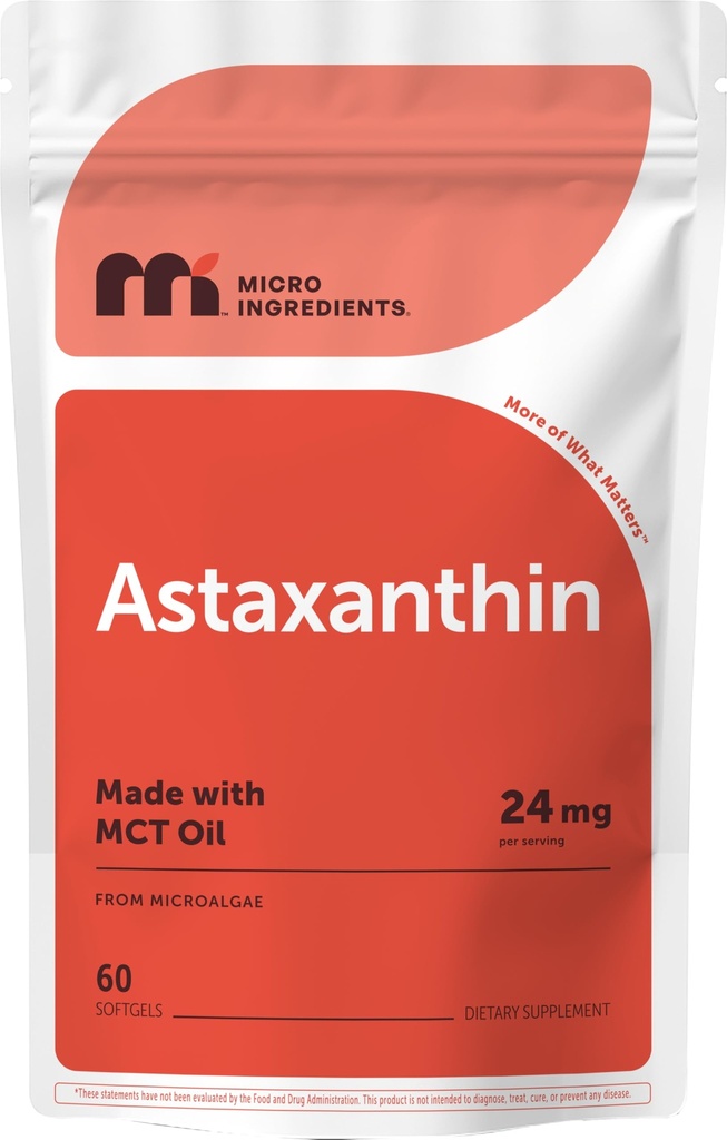 Mikro ingredienser Astaxanthin 24mg med MCT olje, 60 Softgels, 2 måneders forsyning | Maks styrke Astaxanthin Antioksidant kosttilskudd | ferske mikroalgae kilde | Ikke-GMO, Glutenfri, Ingen soya