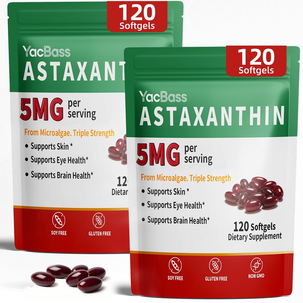 2Pack Astaxanthin kosttilskudd 12mg - Premium Astaxanthin for øye, hjerne, hud og immunstøtte, mikroalga kilde, 240 Softgels