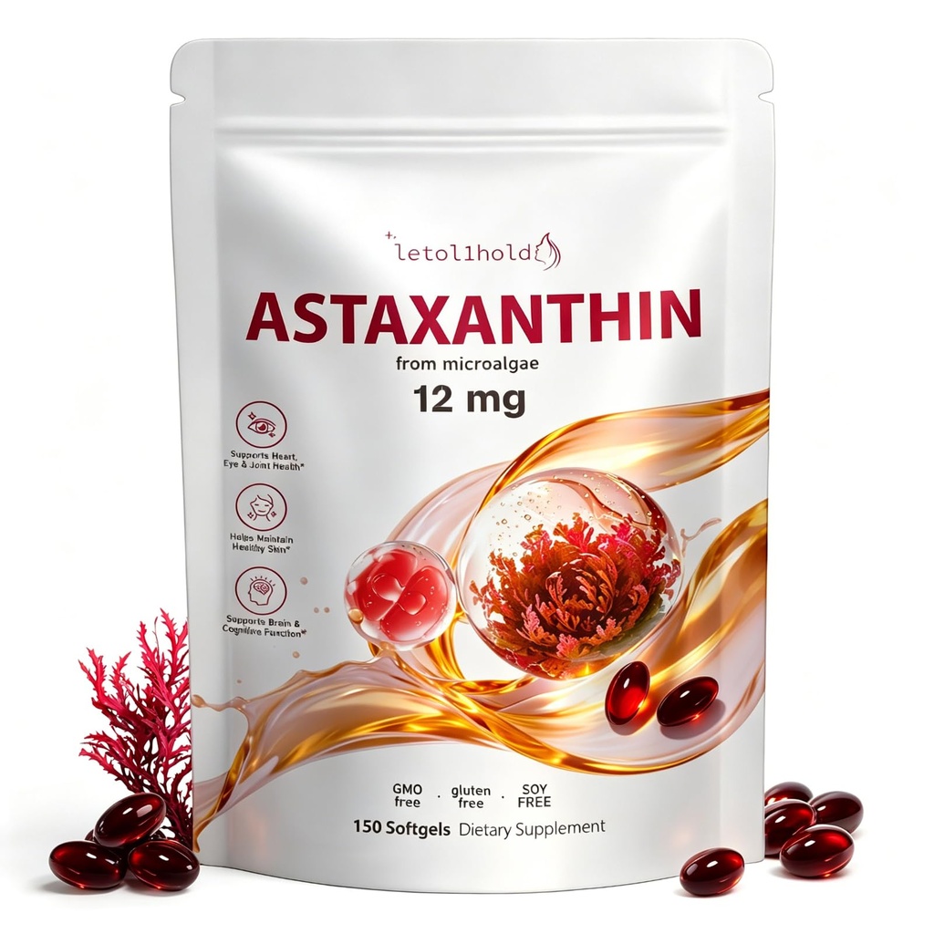 Astaxanthin 12mg, 150 Softgels - 5 måneders forsyning, Astaxanthin Supplements fra ferske mikroalgae, ikke-GMO, Glutenfri, lett å svelge