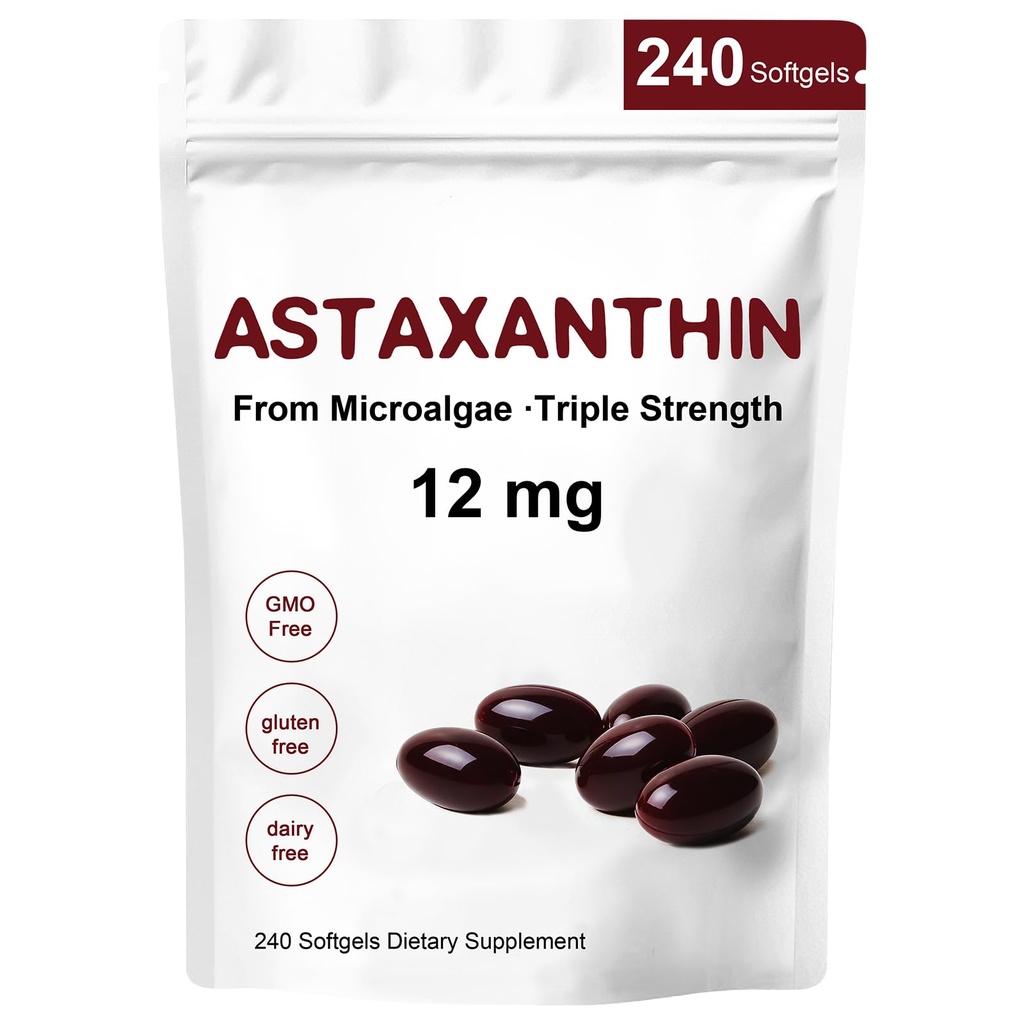 Astaxanthin 12mg,240 Softgels,Premium Astaxanthin Antioksidant Supplements,Supports Eye,Skin,Immune, Intern sirkulasjon,Non-GMO, Glutenfri, Ingen soy-8 måneders forsyning