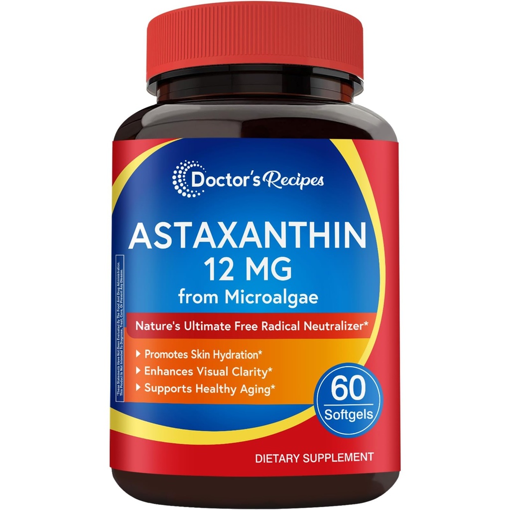 Legens oppskrifter Astaxanthin 12 mg, fra frisk premium mikroalgae, Max styrke, ingen gluten, ikke-GMO, støtter hud, øye, bein og immunsystem helse, 60 Softgels