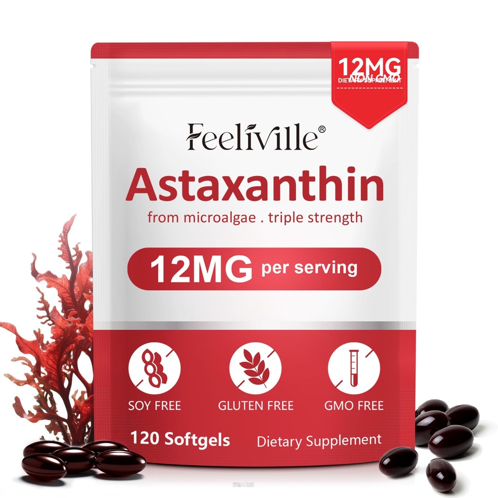 Astaxanthin 12mg, 120 Softgels, 4 måneders forsyning | Premium Astaxanthin Antioksidant kosttilskudd | ferske mikroalgae kilde | Støtter øye, felles, intern sirkulasjon, hud helse