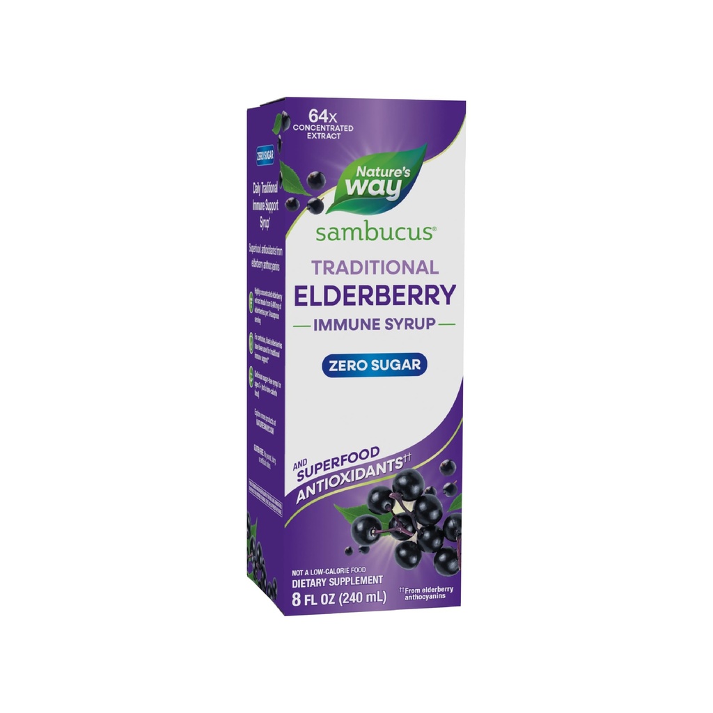 Naturens vei Sambucus Zero Sukker Tradisjonell immunsyrup, høy konsentrert svart eldrebærekstrakt, tradisjonell immunologisk støtte*, sukkerfri, berry flavored, 8 Fl Oz (Packing May Vary)