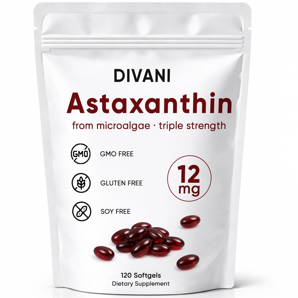 DIVENI Astaxanthin 12 mg, Antioksidant Supplement for daglig velvære, immun, øye og hud støtte, ikke-GMO, Glutenfri - 120 Softgels